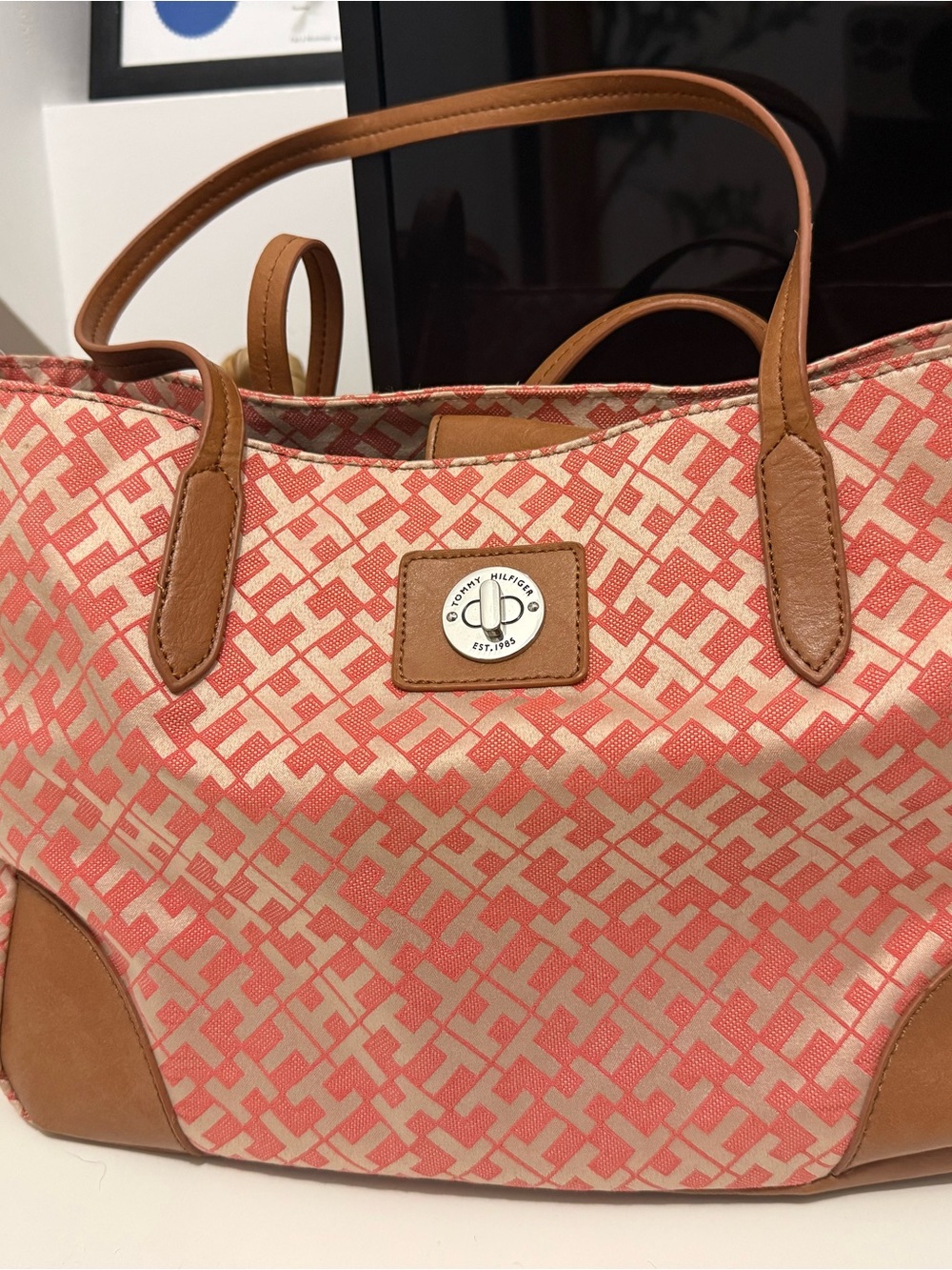 Tommy Hilfiger Coral Pattern Monogram Tote Bag with Tan Leather Trim